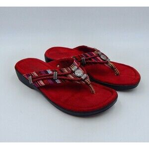 Minnetonka Raz Thong Sandals Women SZ 7 Slip-On Fabric Red Multicolor Flip Flop